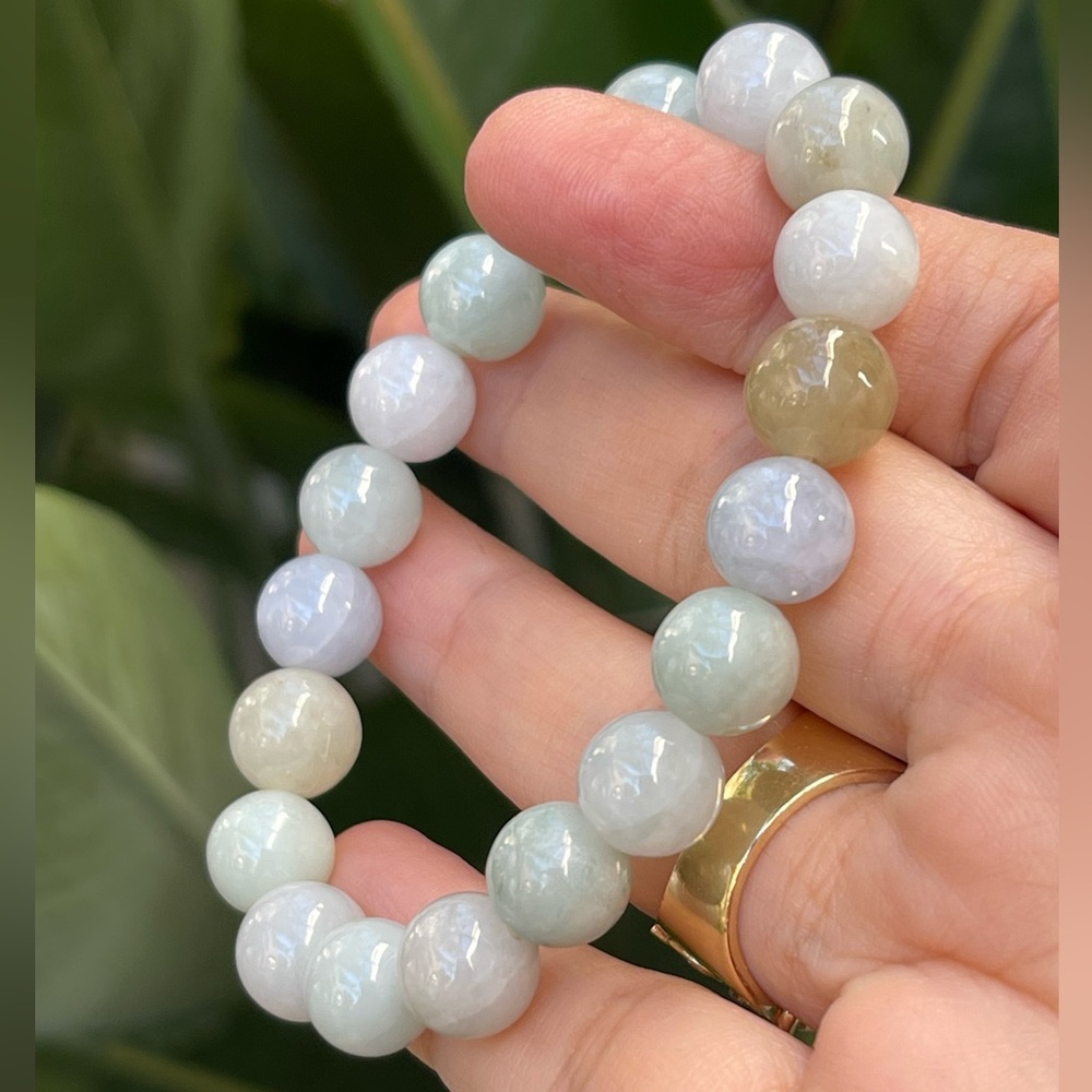Lavender green yellow 10mm genuine jadeite jade bead stretchy bangle bracelet - Picture 1 of 6